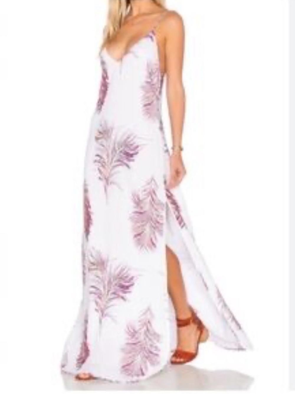 ViX Paula Hermanny Feather Print Maxi Dress White Silk Blend Lace Up Back